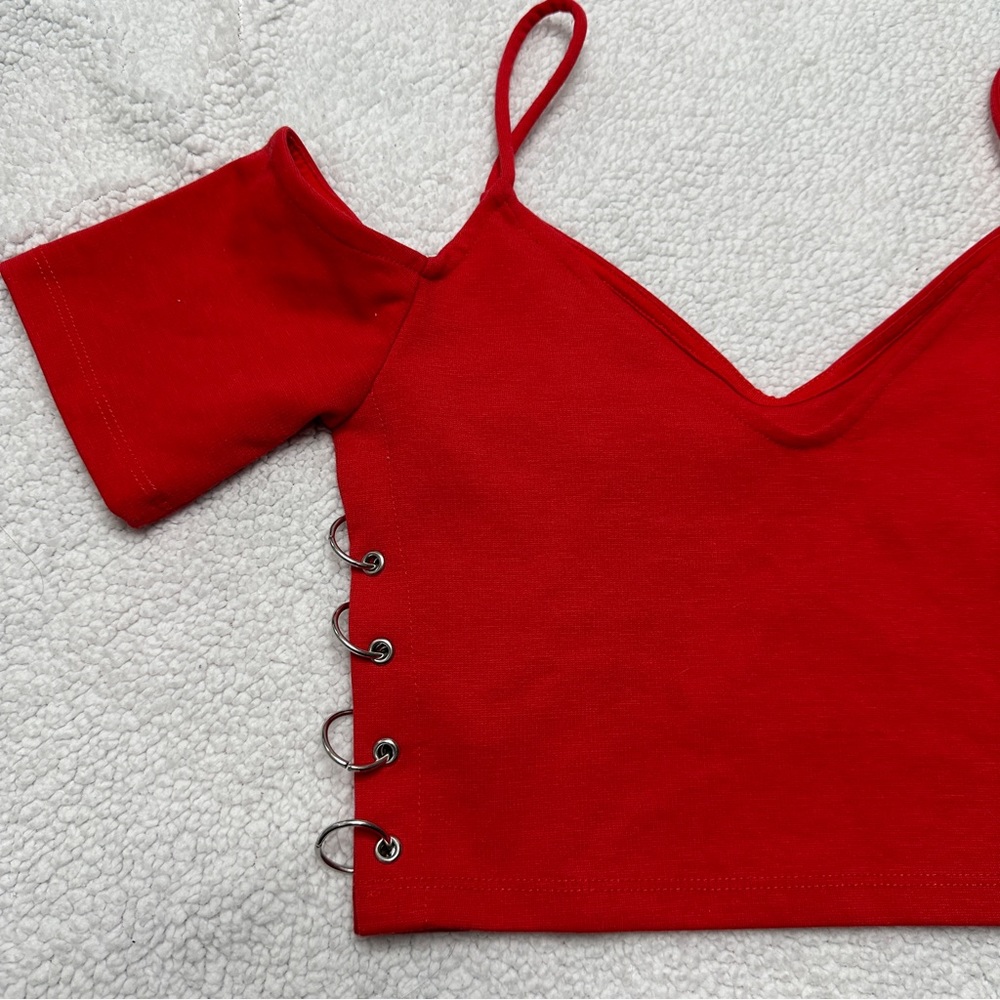 Women’s Red Topshop Cropped Top Cold Shoulder Spaghetti Strap V neck - Picture 7 of 14
